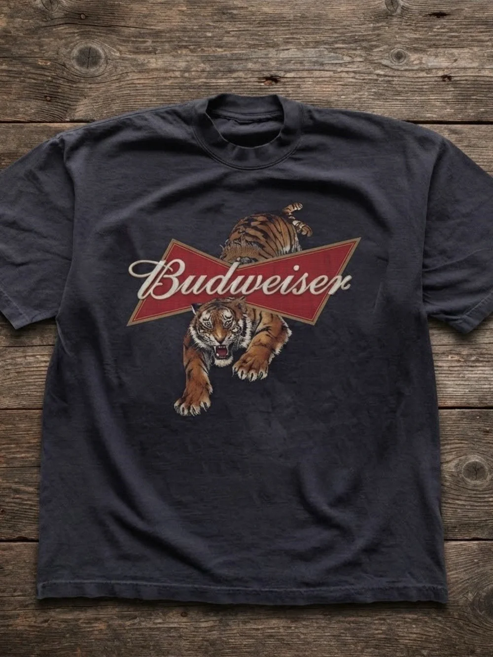 Gildan Black Tee with Red Budweiser Logo and Brown Tiger Graphic